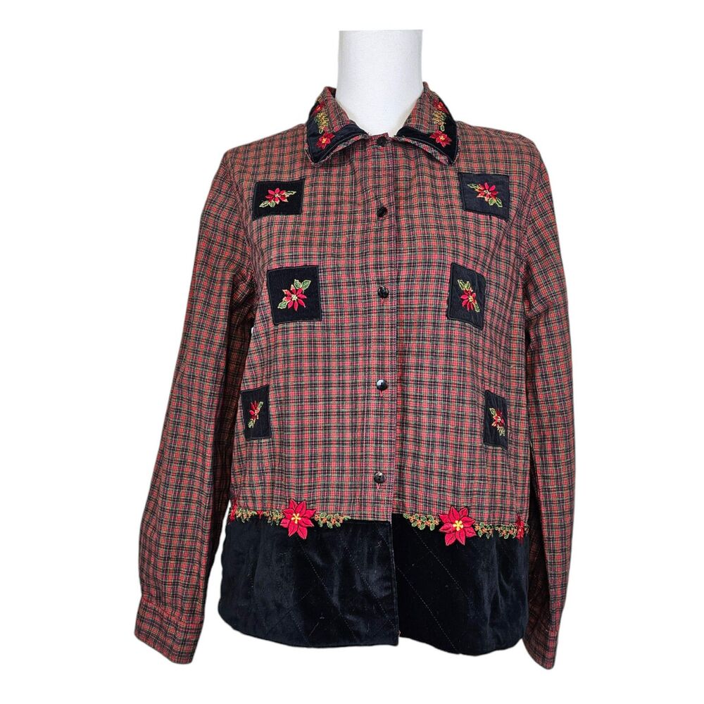 VNT Quizz Again Plaid Velvet Quilted Embroidered Accent Xmas Top Size M